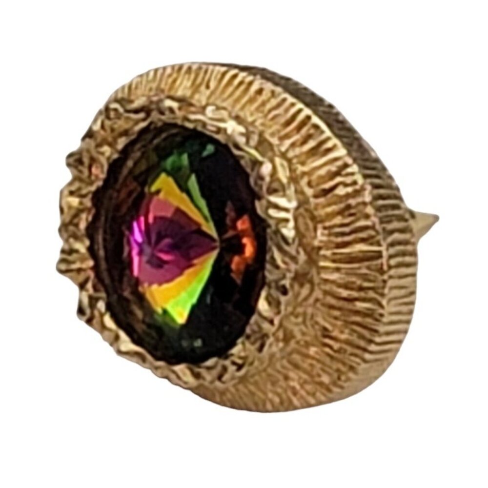 Swank Gold Tone Vitrail Rivoli Rhinestone Oval Tie Tack Pin Clip, Signed E863 - Picture 4 of 8
